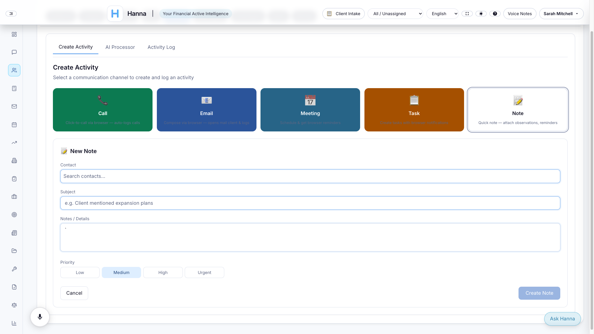 Advisor CRM activities in light mode, supplied app screenshot